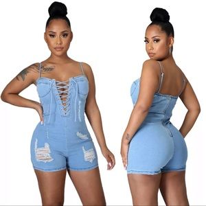 This is a blue Jean romper that fits true to size.